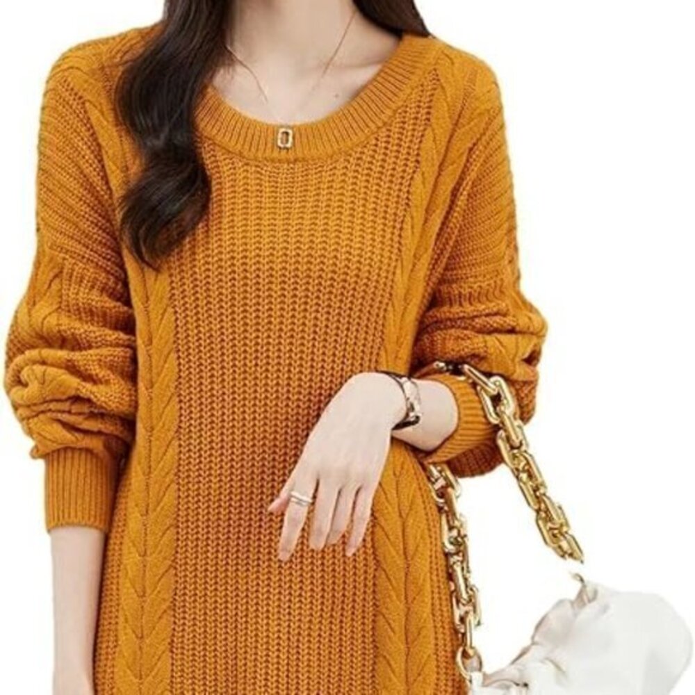 Women's Warm Crew Neck Long Sleeve Knit Dresses Cable Long Pullover Wool Sweater